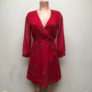 Madewell Womens Red Floral 3/4 Sleeve V-Neck Hazelwood Wrap Front Mini Dress